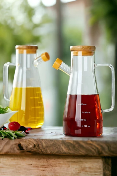 2'li Bambu Kapaklı Cam Yağdanlık Vakumlu Borosilikat Cam Sirkelik Zeytinyağı Şişesi Yağlık 900 ml. - 4