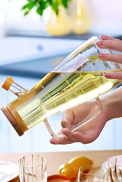 2'li Bambu Kapaklı Cam Yağdanlık Vakumlu Borosilikat Cam Sirkelik Zeytinyağı Şişesi Yağlık 900 ml. - 2