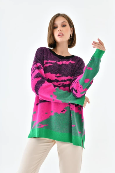 FTZ Women Kadın Karışık Desenli Kazak  Siyah 20433 - Resim 2