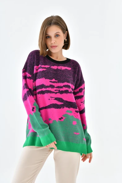 FTZ Women Kadın Karışık Desenli Kazak  Siyah 20433 - Resim 5