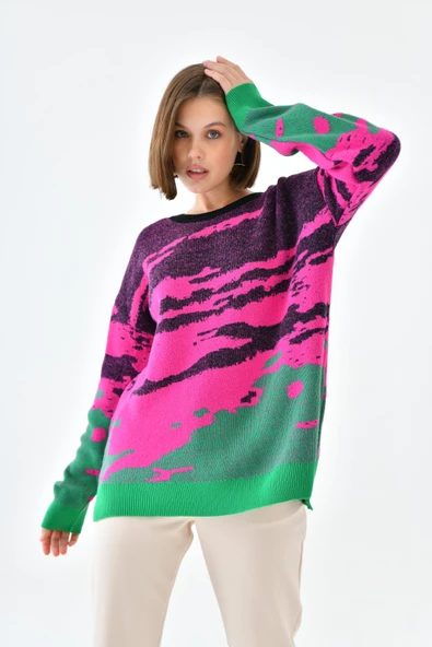 FTZ Women Kadın Karışık Desenli Kazak  Siyah 20433 - Resim 3