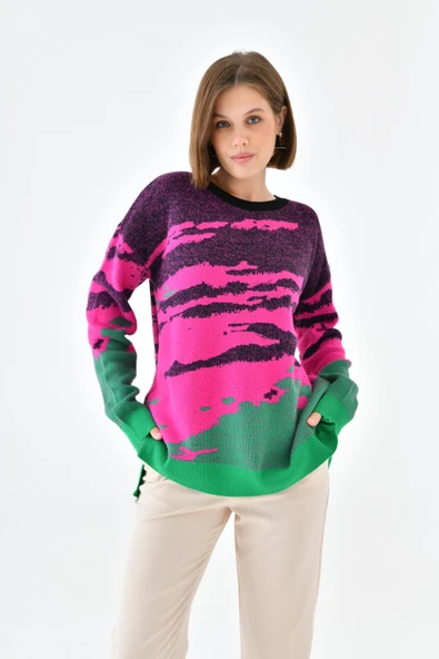 FTZ Women Kadın Karışık Desenli Kazak  Siyah 20433 - Resim 7