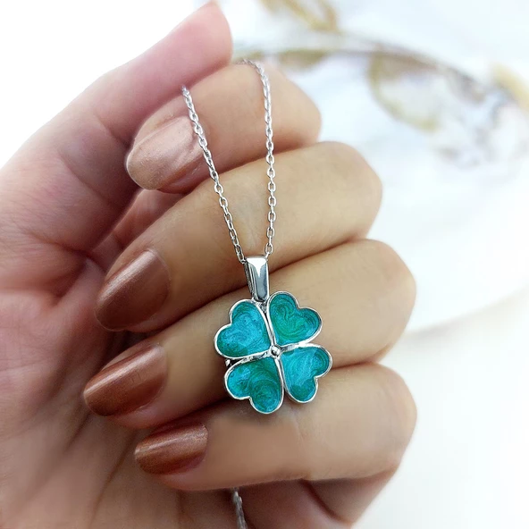 Vaoov 925 Ayar Gümüş İsimli Açılan Yeşil Yonca Kolye - Resim 2