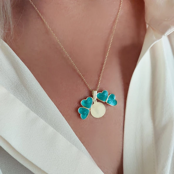 Vaoov 925 Ayar Gümüş İsimli Gold Açılan Yeşil Yonca Kolye - Resim 4