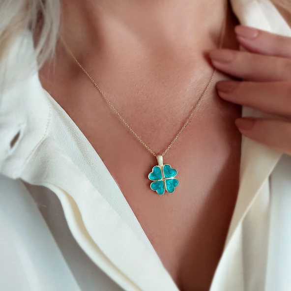 Vaoov 925 Ayar Gümüş İsimli Gold Açılan Yeşil Yonca Kolye - Resim 2