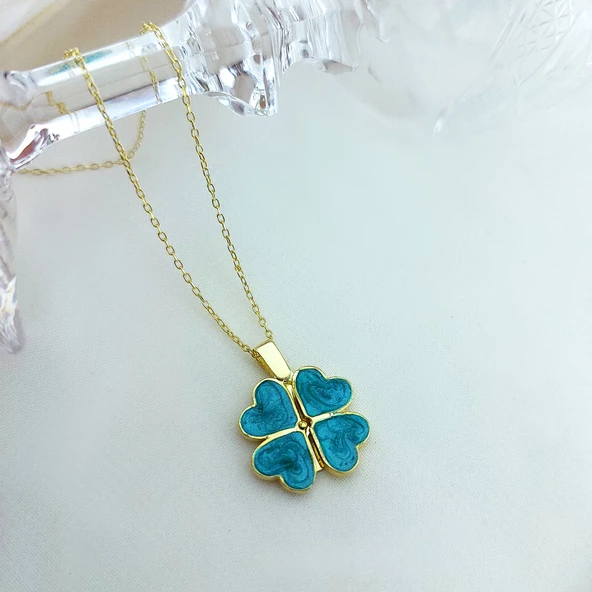 Vaoov 925 Ayar Gümüş İsimli Gold Açılan Yeşil Yonca Kolye - Resim 6