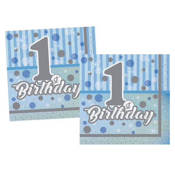 THB5121 Balonevi, Pırıltılı 1st Birthday Erkek, Kağıt Peçete 16 adet 33x33 cm