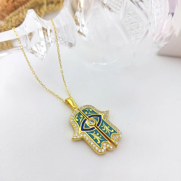 Vaoov 925 Ayar Gümüş İsimli Açılan Gold Fatmanın Eli Kolye - Resim 6