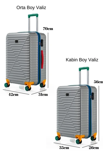 Louisiana Polo Orta Ve Kabin Boy 2'li Valiz Seti %100 Polikarbon Valiz 4x2 Teker Gri 1088 - Resim 2