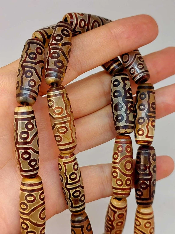 15 Göz Tibet Akik Taşı Silindir Kesim 10x30mm/adet (45802-1) - Resim 2