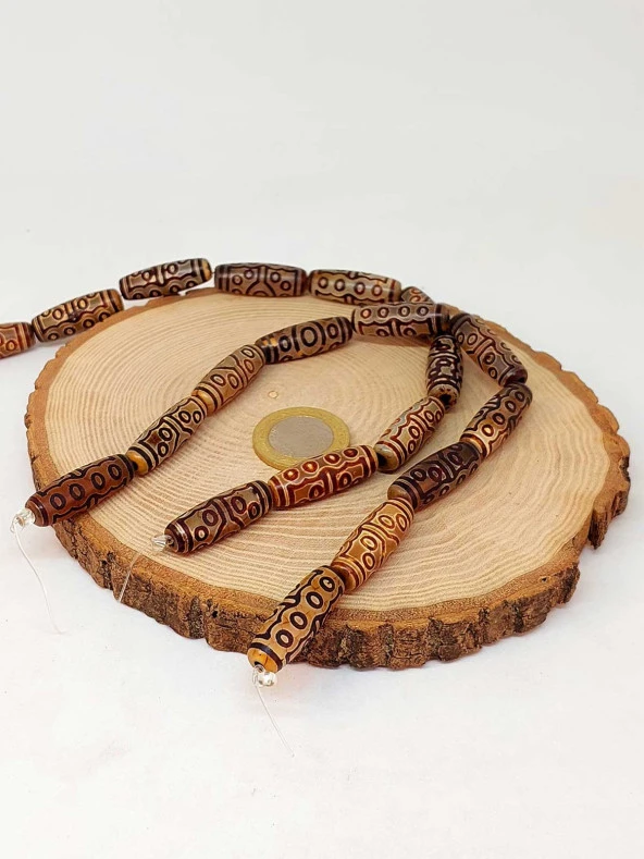 15 Göz Tibet Akik Taşı Silindir Kesim 10x30mm/adet (45802-1) - Resim 3