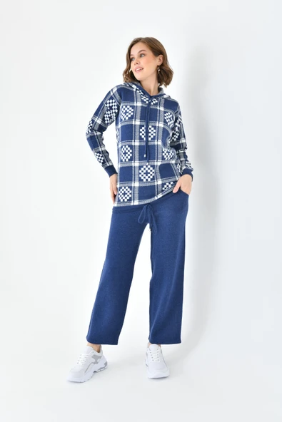 FTZ Women Kadın Dama Desenli İkili Takım  İndigo 20604 - Resim 5