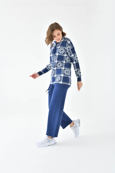 FTZ Women Kadın Dama Desenli İkili Takım  İndigo 20604 - Resim 3