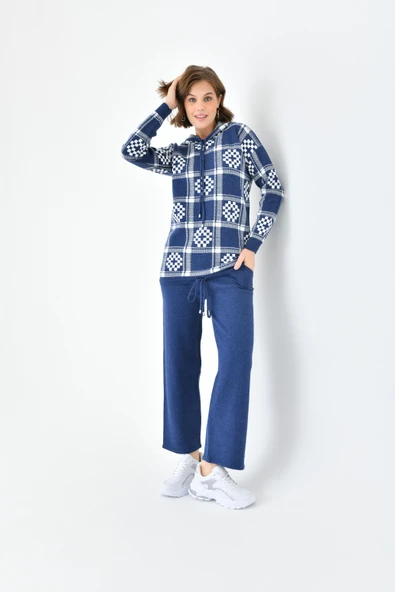 FTZ Women Kadın Dama Desenli İkili Takım  İndigo 20604 - Resim 4