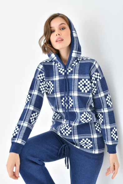 FTZ Women Kadın Dama Desenli İkili Takım  İndigo 20604 - Resim 6