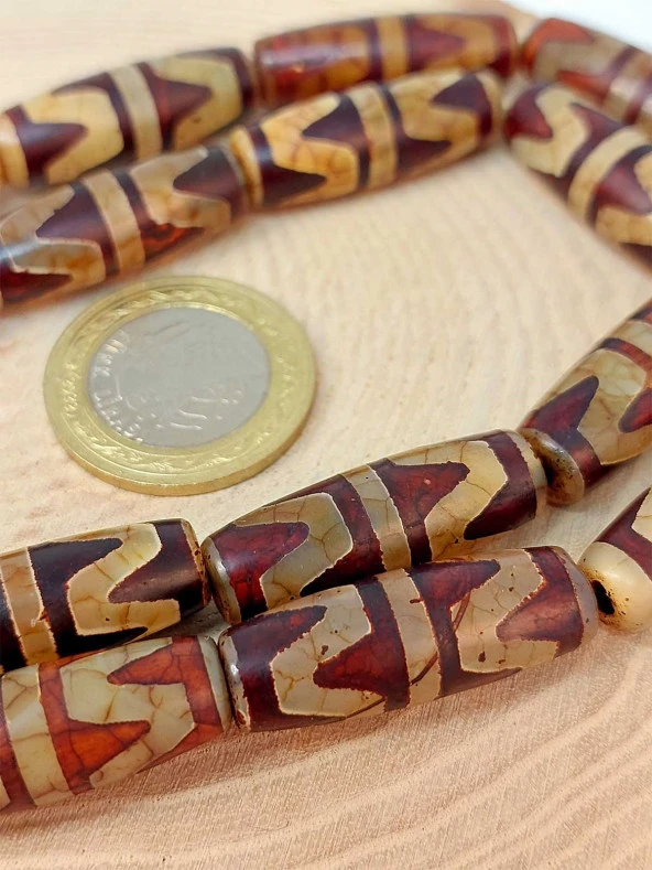 Çift Kaplan Dişi Tibet Akik Taşı Silindir Kesim 10x30mm Dizi (45808) - Resim 2