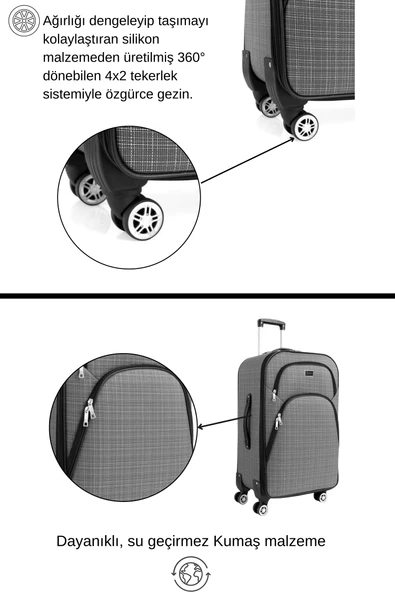 Louisiana Polo Kabin Boy 4 Teker Kumaş Valiz Gri 1081 - Resim 3