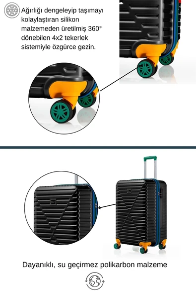 Louisiana Polo Kabin Boy %100 Polikarbon Valiz 4x2 Teker Siyah 1088 - Resim 3