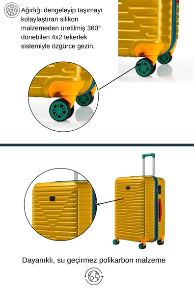 Louisiana Polo Kabin Boy %100 Polikarbon Valiz 4x2 Teker Sarı 1088 - Resim 3