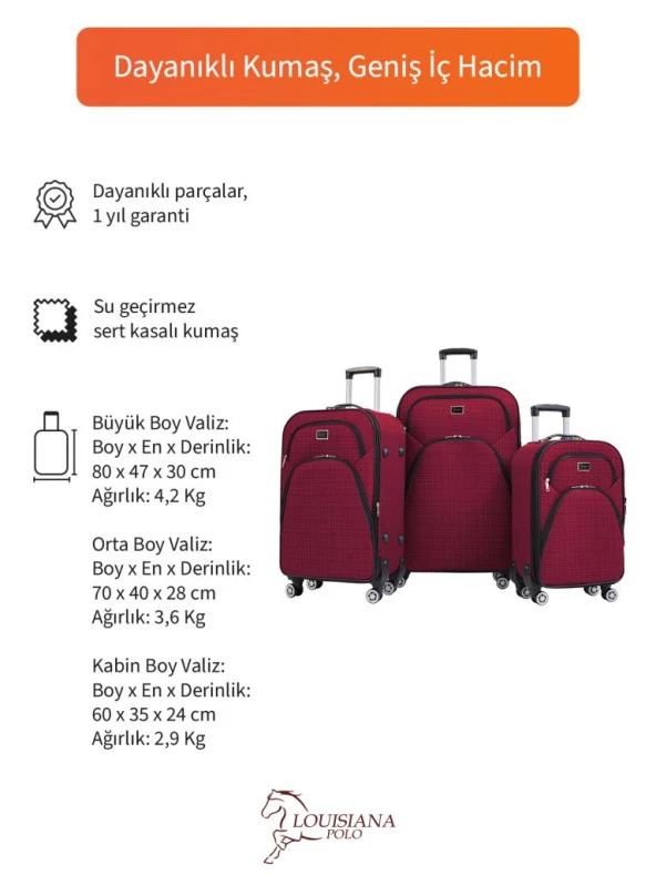 Louisiana Polo 3'lü Valiz Seti 4 Teker Kumaş Valiz Bordo 1081 - 2