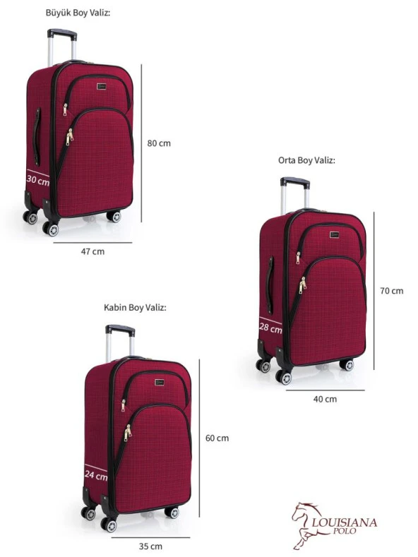 Louisiana Polo 3'lü Valiz Seti 4 Teker Kumaş Valiz Bordo 1081 - 3