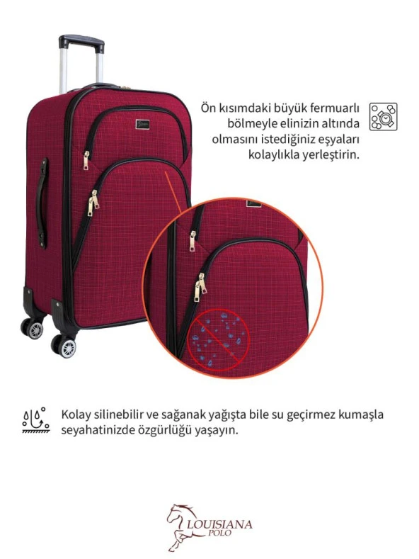 Louisiana Polo 3'lü Valiz Seti 4 Teker Kumaş Valiz Bordo 1081 - 6