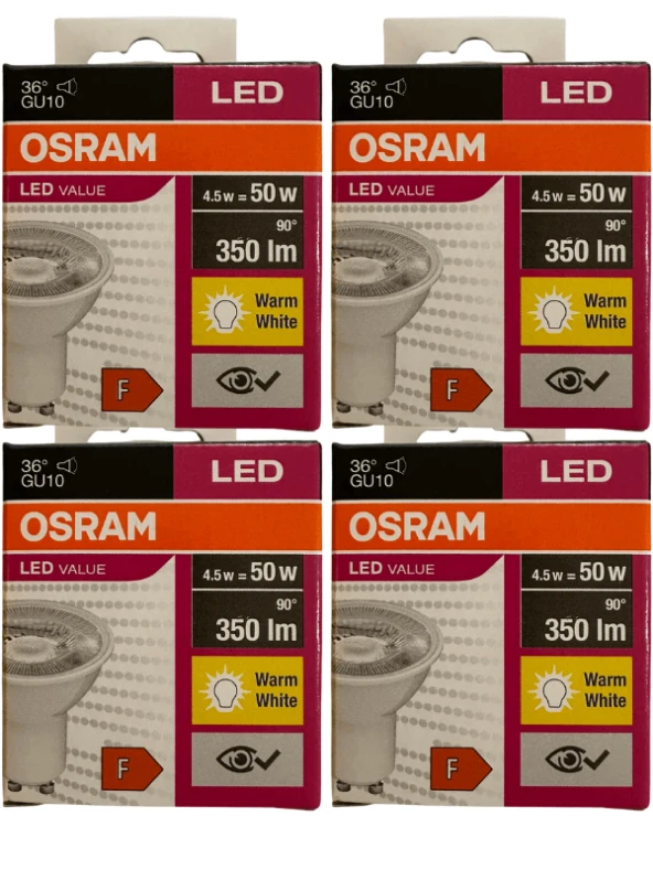 Osram 4.5W (50W) 3000K (Sarı Işık) GU10 Duylu Par16 Led Spot (4 Adet)
