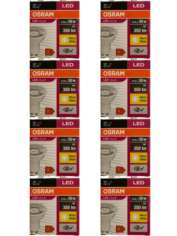 Osram 4.5W (50W) 3000K (Sarı Işık) GU10 Duylu Par16 Led Spot (8 Adet)