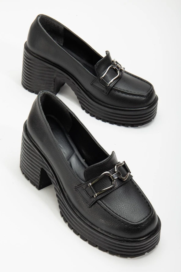 Tokalı Cilt Siyah Kadın Platform Topuk Ayakkabı Casual