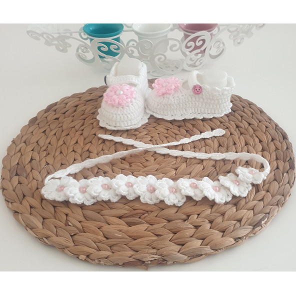 Beyaz Pembe Çiçek ve İncili Yenidoğan Patik - 3