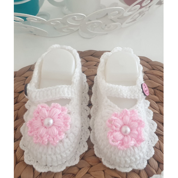 Beyaz Pembe Çiçek ve İncili Yenidoğan Patik - 4