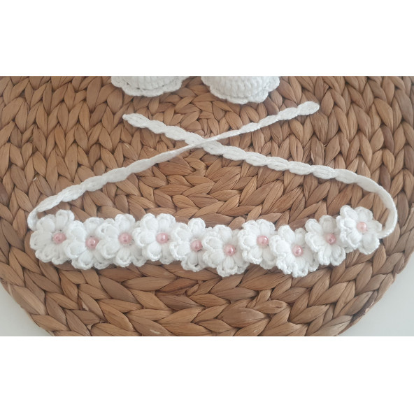 Beyaz Pembe Çiçek ve İncili Yenidoğan Patik - 5