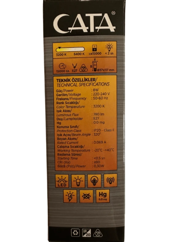 Cata CT-4091 8W 3200K (Günışığı) E27 Duylu Led Ampul (8 Adet) - 3