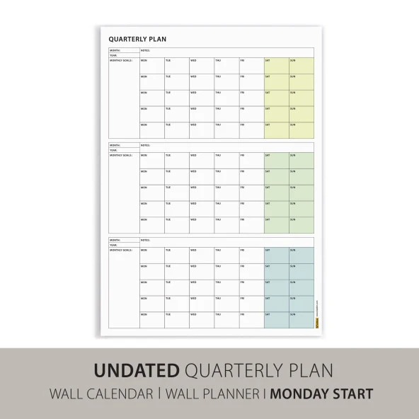 Tarihsiz Üç Aylık Duvar Takvimi, Yeşil, Üç Aylık Duvar Planlayıcısı, 90 Günlük Takvim, 90 Günlük Plan, 50x70cm - 2