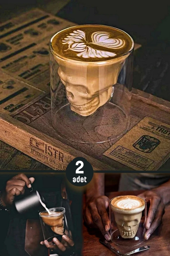 2'li Kuru Kafa Tasarımlı Bardak Kahve Expresso Kokteyl Bardağı Kristal Skull Çift Cidarlı Cam Kupa