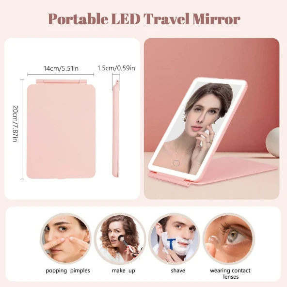 Valkyrie Katlanabilir LED Işıklı Makyaj Aynası - 3 Farklı Renk Tonu 1X 10X Yakınlaştırma Dokunmatik Touch Ekran Işık Seviye Ayarı Pembe - 7