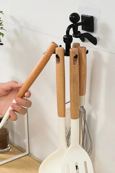 6 Kancalı Rambo Figürlü Döner Başlı Askılık Mutfak Banyo İz Bırakmaz Yapışkanlı Organizer Askı Seti - 4