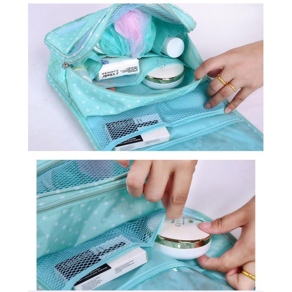 Çok Fonksiyonlu Askılı Makyaj Çantası Yeşil Puantiyeli (büyük boy) - 3