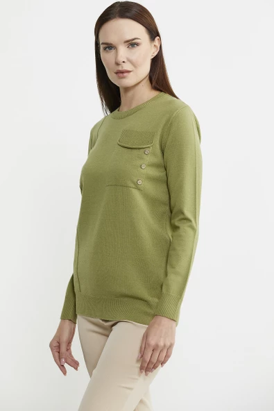 Sıfır Yaka Cepli Düğmeli Triko Kazak - Fıstık Yeşili - Resim 4