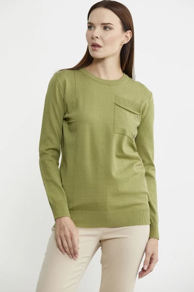 Sıfır Yaka Cepli Düğmeli Triko Kazak - Fıstık Yeşili - Resim 2