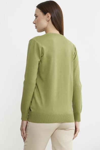 Sıfır Yaka Cepli Düğmeli Triko Kazak - Fıstık Yeşili - Resim 5