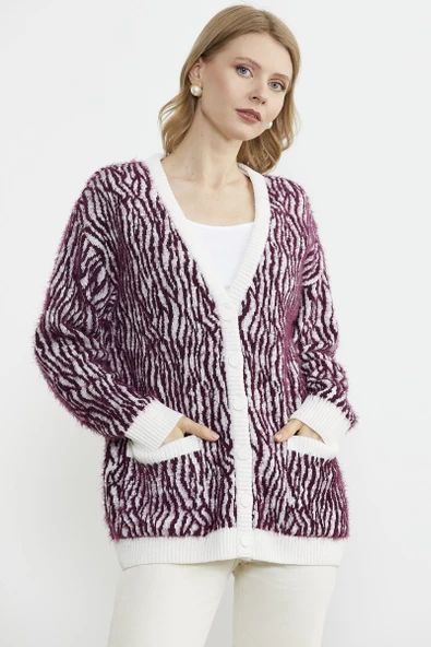 Renk Kombinli Yumoş Triko Hırka - Bordo - Resim 5