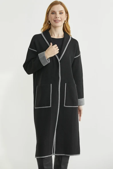 Şal Yaka Çıtçıtlı Uzun Triko Hırka - Siyah - Koyu Gri - Resim 3