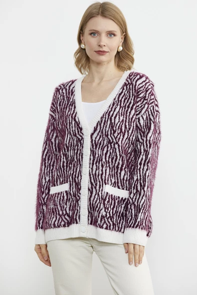 Renk Kombinli Yumoş Triko Hırka - Bordo - Resim 2