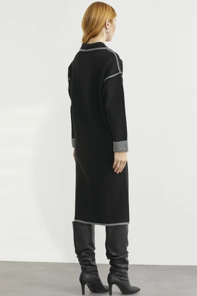 Şal Yaka Çıtçıtlı Uzun Triko Hırka - Siyah - Koyu Gri - Resim 6