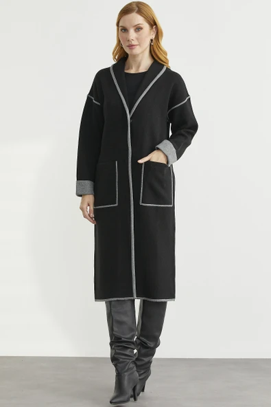 Şal Yaka Çıtçıtlı Uzun Triko Hırka - Siyah - Koyu Gri - Resim 2