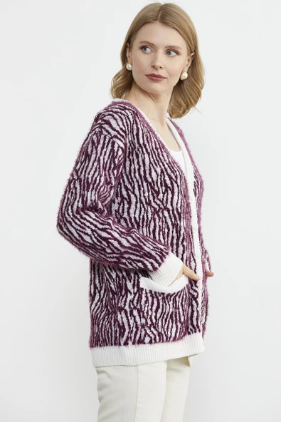 Renk Kombinli Yumoş Triko Hırka - Bordo - Resim 3