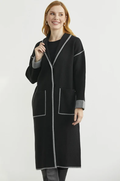 Şal Yaka Çıtçıtlı Uzun Triko Hırka - Siyah - Koyu Gri - Resim 4