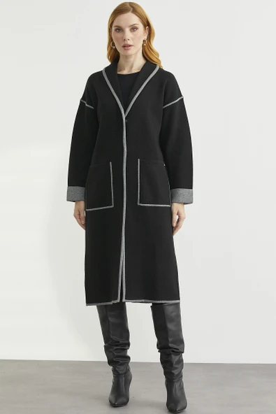 Şal Yaka Çıtçıtlı Uzun Triko Hırka - Siyah - Koyu Gri ürün görseli