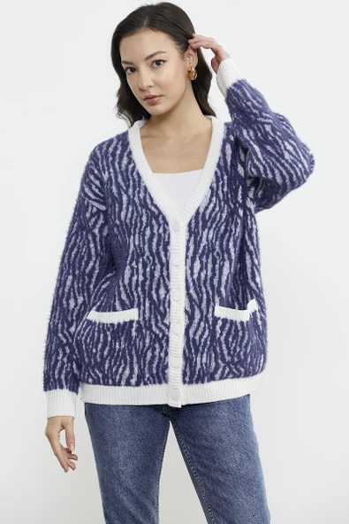 Renk Kombinli Yumoş Triko Hırka - Indigo - Resim 3